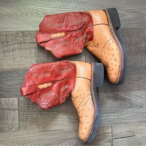 Lucchese 2000 Ostrich Red and Tan Western Boots Women’s 10C (wide) crepe soles